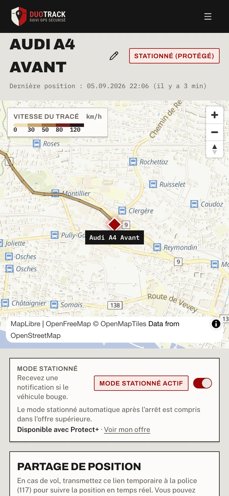La vue véhicule de DuoTrack sur un téléphone : position, adresse, mode stationné.